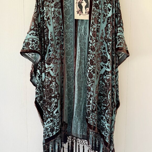Free People Kite and Butterfly Hand Beaded Velvet Burnout Kimono Cardigan - Picture 3 of 12